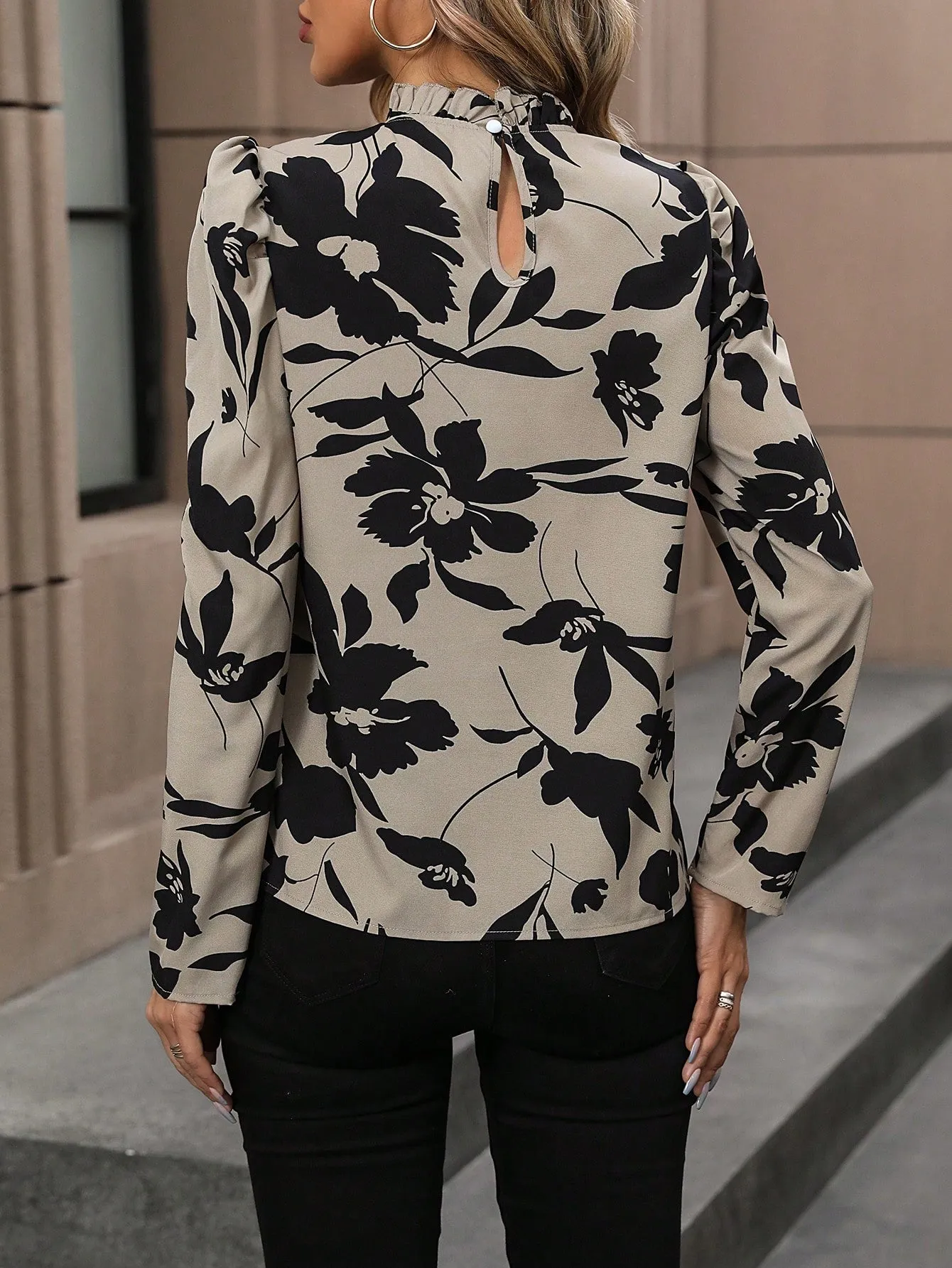 Clasi Floral Print Mock Neck Puff Sleeve Blouse