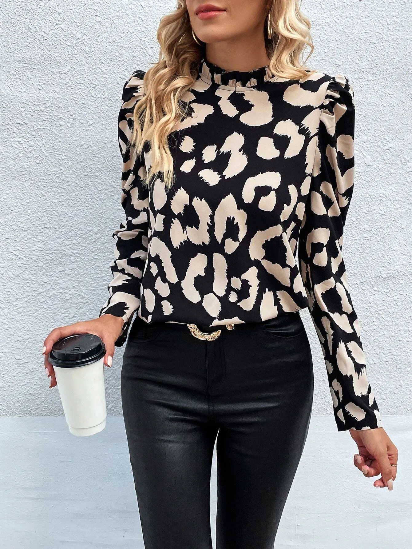 Clasi Floral Print Mock Neck Puff Sleeve Blouse