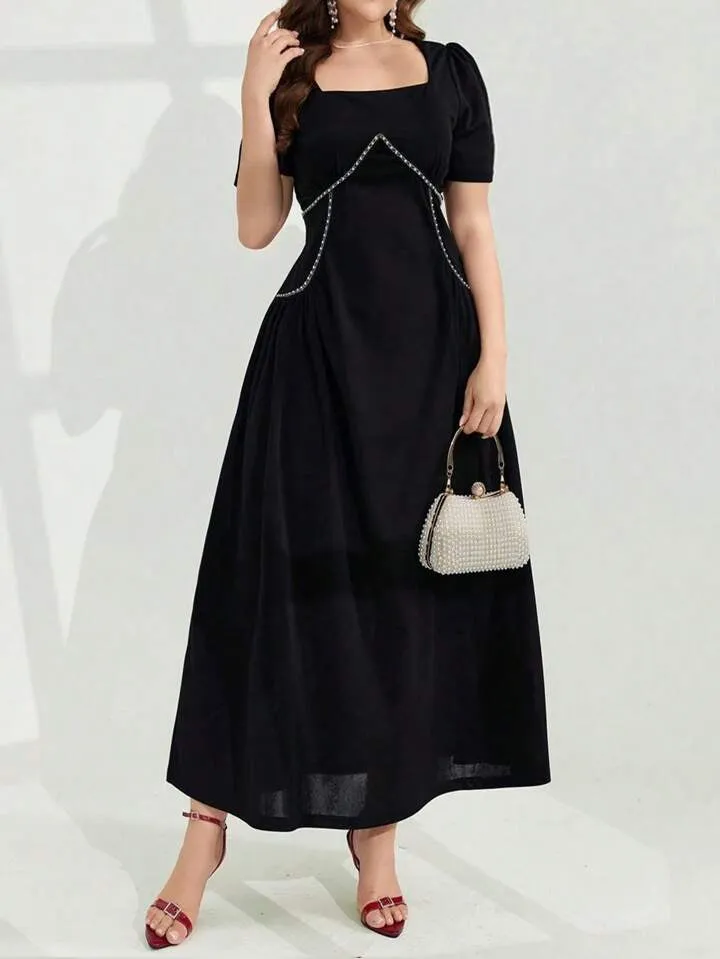 CM-DS216614 Women Elegant Seoul Style Square Neck Short Sleeve Waist-Cinched Dress - Black