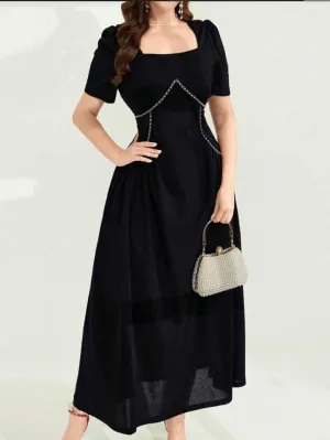 CM-DS216614 Women Elegant Seoul Style Square Neck Short Sleeve Waist-Cinched Dress - Black
