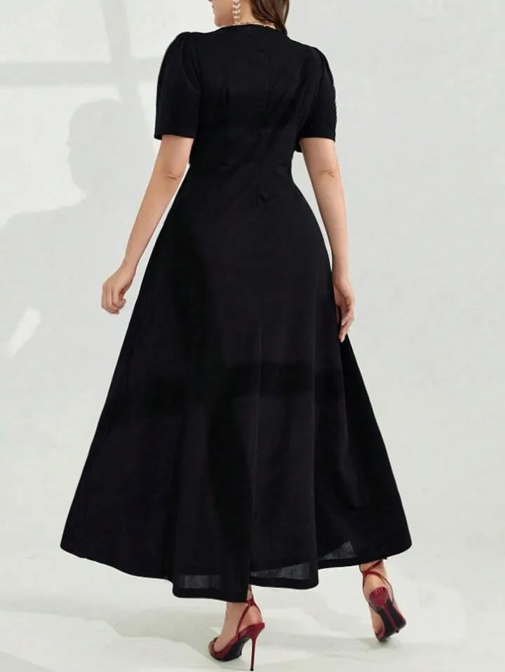 CM-DS216614 Women Elegant Seoul Style Square Neck Short Sleeve Waist-Cinched Dress - Black