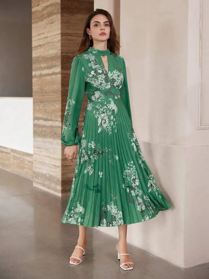 CM-DS959053 Women Casual Seoul Style Floral Print Hollow-Out Waist Puff Sleeve Pleated Long Dress