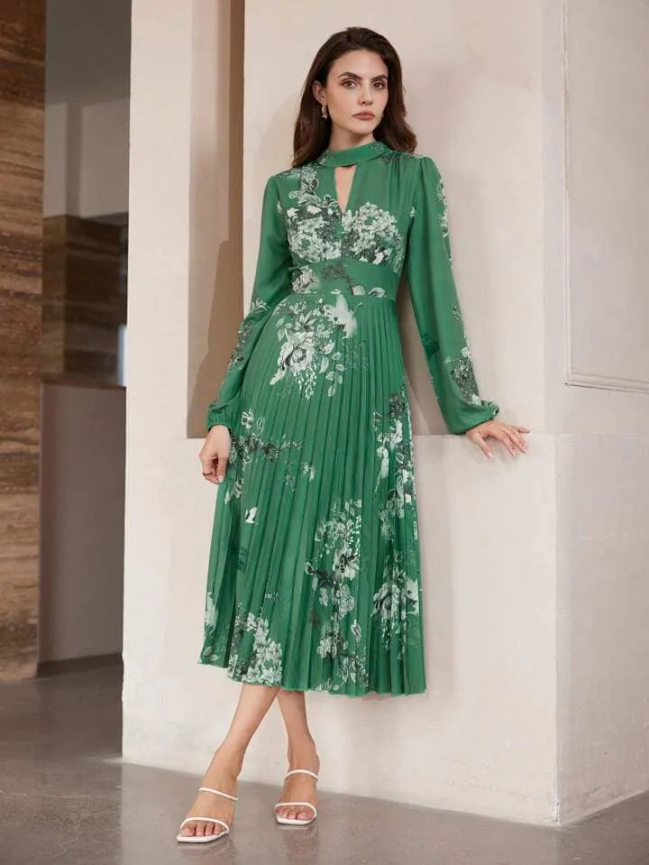 CM-DS959053 Women Casual Seoul Style Floral Print Hollow-Out Waist Puff Sleeve Pleated Long Dress