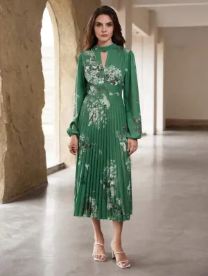 CM-DS959053 Women Casual Seoul Style Floral Print Hollow-Out Waist Puff Sleeve Pleated Long Dress