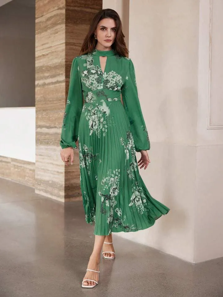 CM-DS959053 Women Casual Seoul Style Floral Print Hollow-Out Waist Puff Sleeve Pleated Long Dress