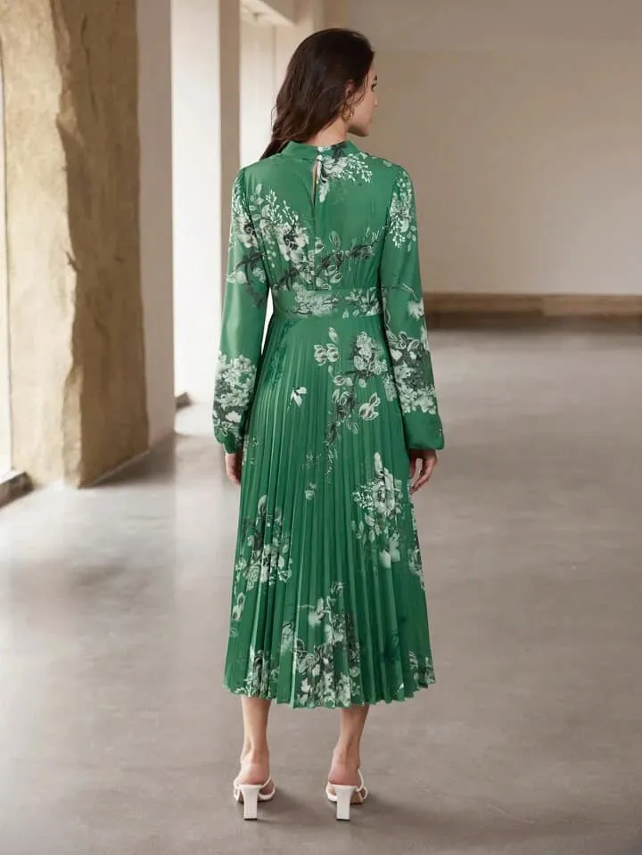 CM-DS959053 Women Casual Seoul Style Floral Print Hollow-Out Waist Puff Sleeve Pleated Long Dress