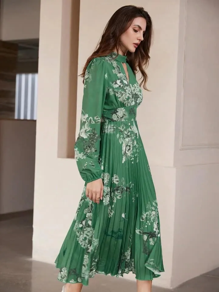 CM-DS959053 Women Casual Seoul Style Floral Print Hollow-Out Waist Puff Sleeve Pleated Long Dress