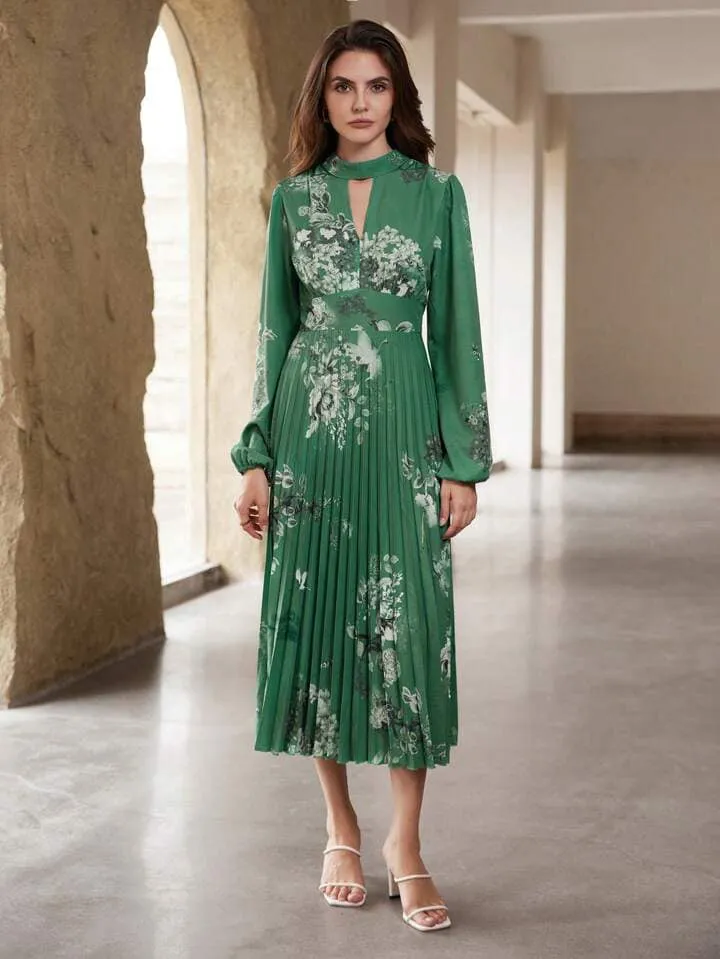 CM-DS959053 Women Casual Seoul Style Floral Print Hollow-Out Waist Puff Sleeve Pleated Long Dress