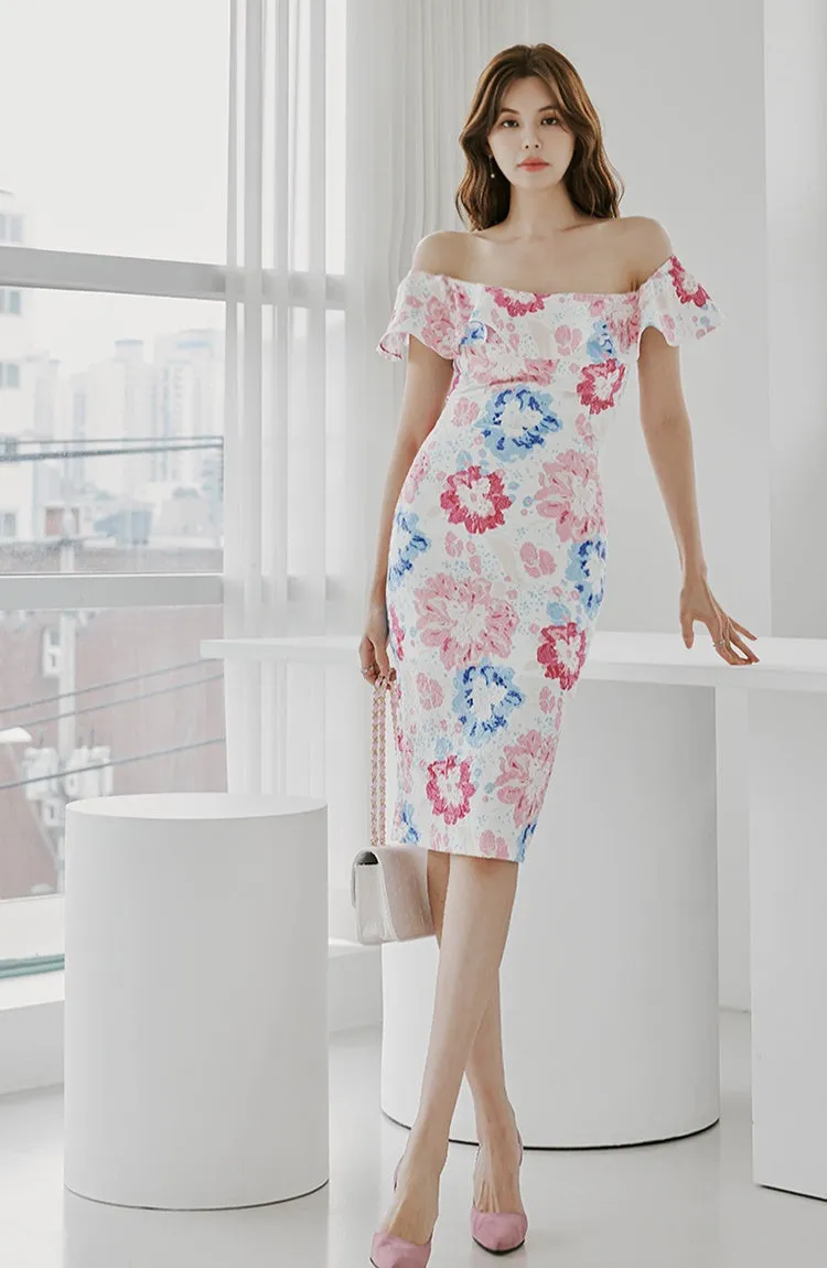 CM-DY014586 Women Casual Seoul Style Floral Print Off the Shoulder Midi Dress