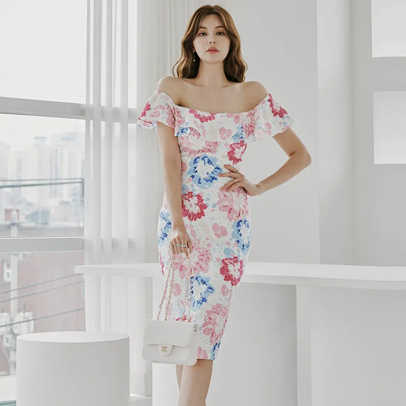 CM-DY014586 Women Casual Seoul Style Floral Print Off the Shoulder Midi Dress