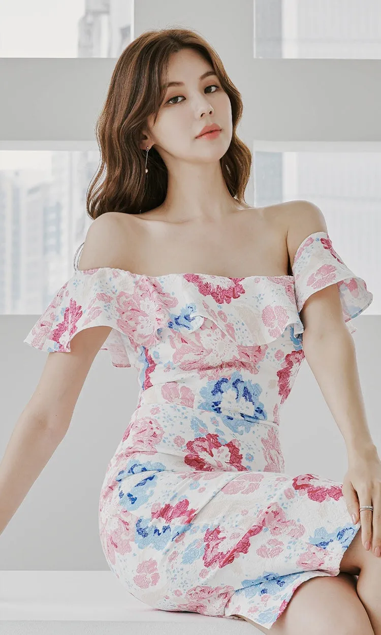 CM-DY014586 Women Casual Seoul Style Floral Print Off the Shoulder Midi Dress