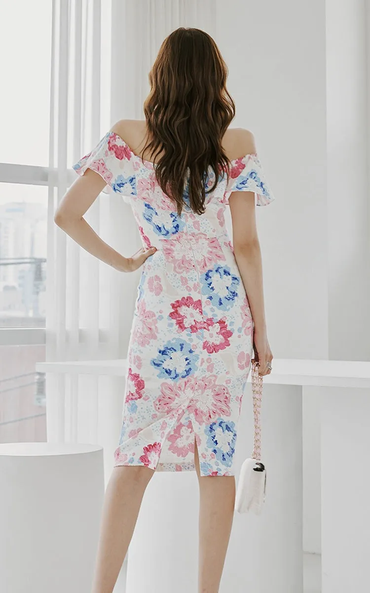CM-DY014586 Women Casual Seoul Style Floral Print Off the Shoulder Midi Dress