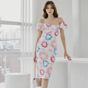 CM-DY014586 Women Casual Seoul Style Floral Print Off the Shoulder Midi Dress