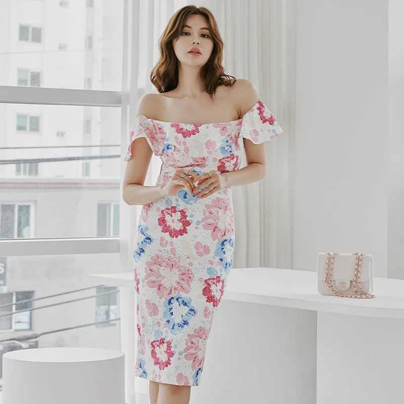 CM-DY014586 Women Casual Seoul Style Floral Print Off the Shoulder Midi Dress