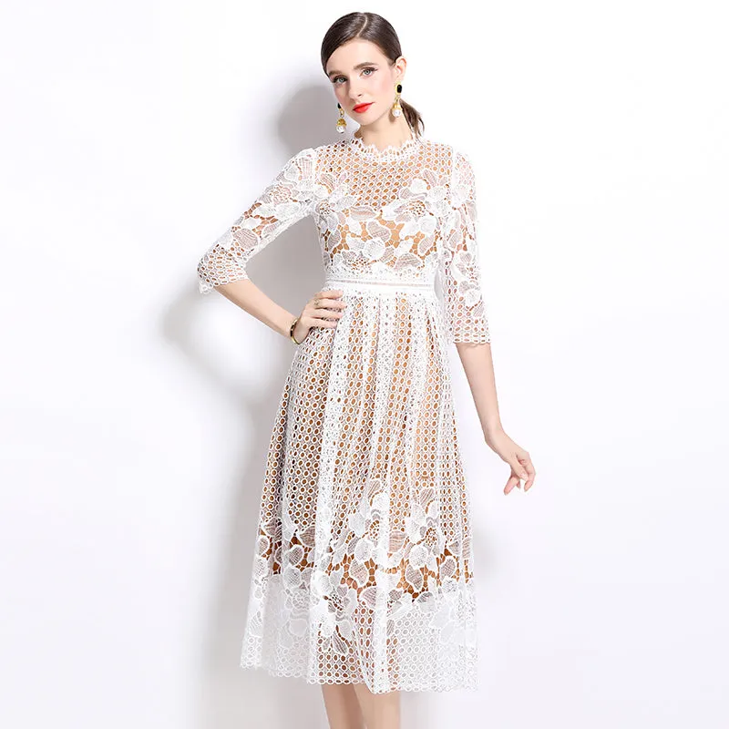 CM-DY022935 Women Elegant European Style Lace Long Sleeve Printing Hollow Slim Dress