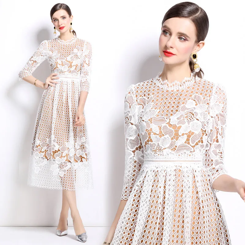 CM-DY022935 Women Elegant European Style Lace Long Sleeve Printing Hollow Slim Dress