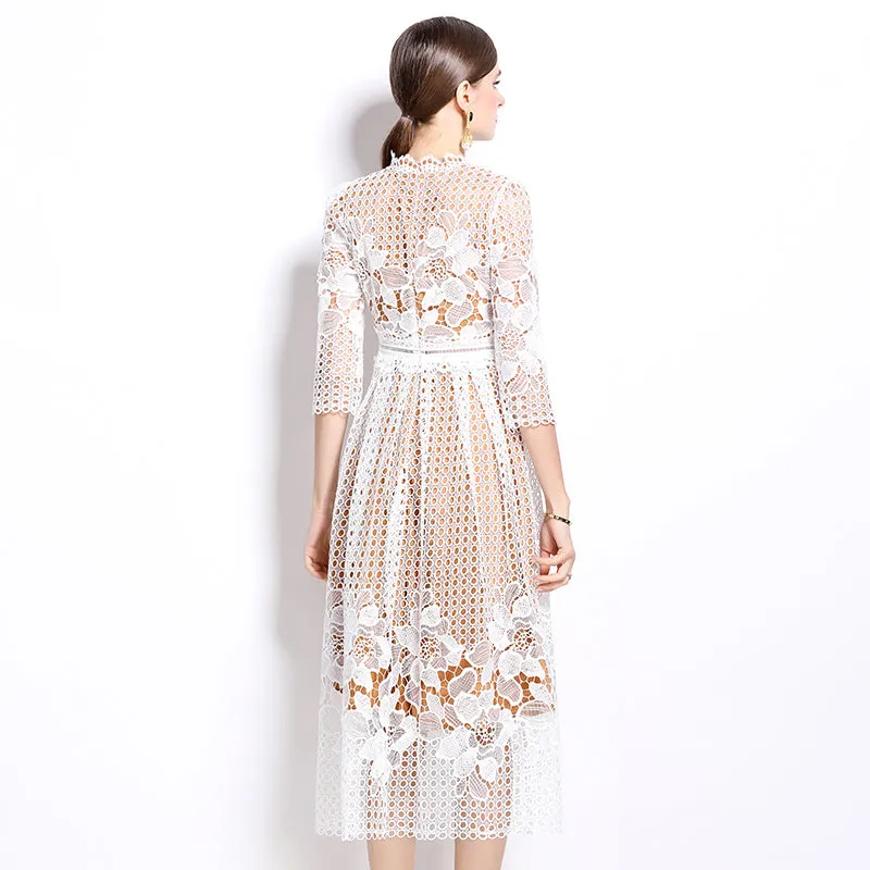 CM-DY022935 Women Elegant European Style Lace Long Sleeve Printing Hollow Slim Dress