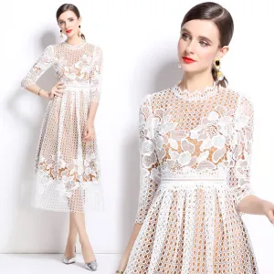 CM-DY022935 Women Elegant European Style Lace Long Sleeve Printing Hollow Slim Dress