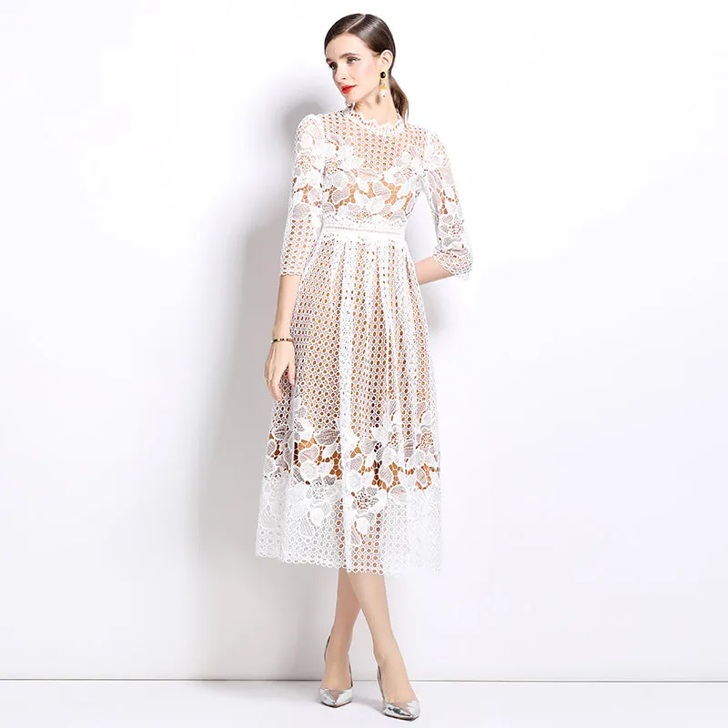 CM-DY022935 Women Elegant European Style Lace Long Sleeve Printing Hollow Slim Dress