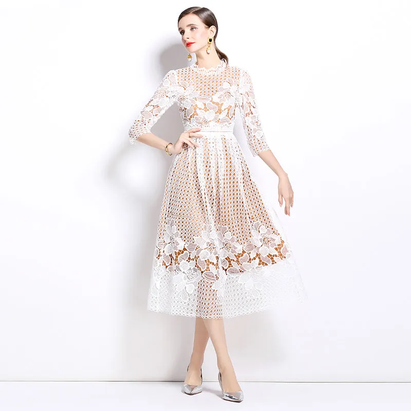 CM-DY022935 Women Elegant European Style Lace Long Sleeve Printing Hollow Slim Dress