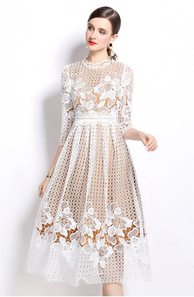 CM-DY022935 Women Elegant European Style Lace Long Sleeve Printing Hollow Slim Dress