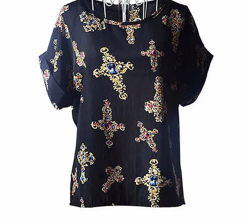 Colorful Apparel Print O-Neck Tropical Chiffon Women Blouses Short Batwing Sleeve Plus Size Shirt Body