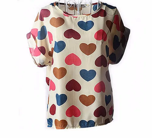 Colorful Apparel Print O-Neck Tropical Chiffon Women Blouses Short Batwing Sleeve Plus Size Shirt Body