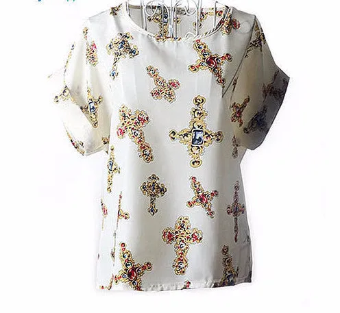 Colorful Apparel Print O-Neck Tropical Chiffon Women Blouses Short Batwing Sleeve Plus Size Shirt Body