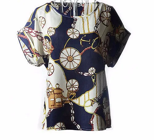 Colorful Apparel Print O-Neck Tropical Chiffon Women Blouses Short Batwing Sleeve Plus Size Shirt Body
