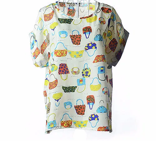 Colorful Apparel Print O-Neck Tropical Chiffon Women Blouses Short Batwing Sleeve Plus Size Shirt Body