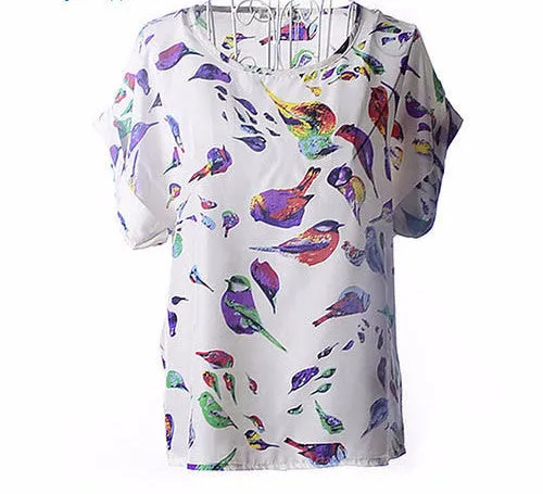 Colorful Apparel Print O-Neck Tropical Chiffon Women Blouses Short Batwing Sleeve Plus Size Shirt Body