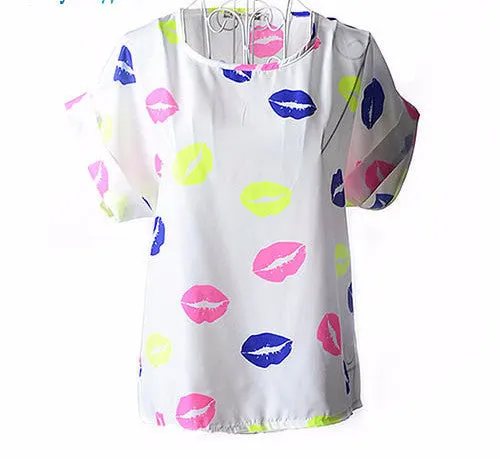 Colorful Apparel Print O-Neck Tropical Chiffon Women Blouses Short Batwing Sleeve Plus Size Shirt Body