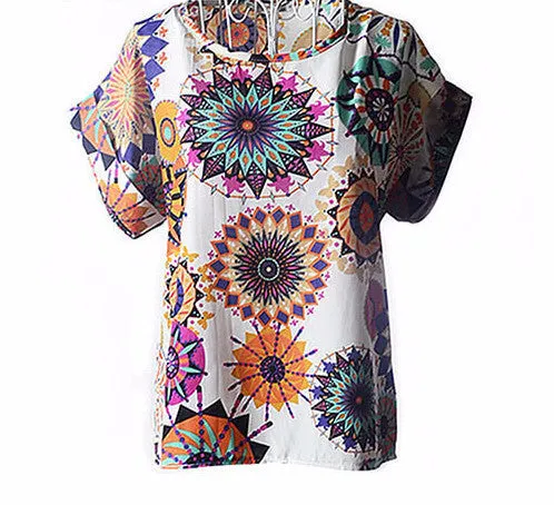 Colorful Apparel Print O-Neck Tropical Chiffon Women Blouses Short Batwing Sleeve Plus Size Shirt Body