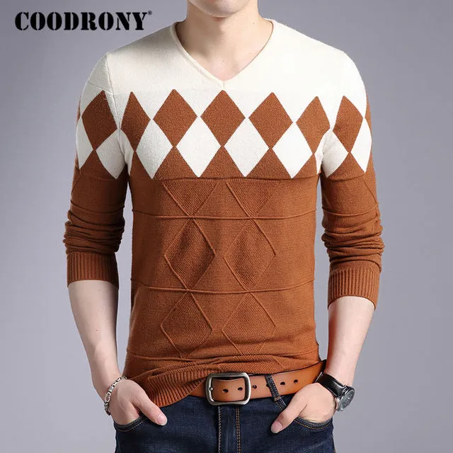 COODRONY Cashmere Wool Sweater Men Autumn Winter Slim Fit Pullovers Men Argyle Pattern V-Neck Pull Homme Christmas Sweaters