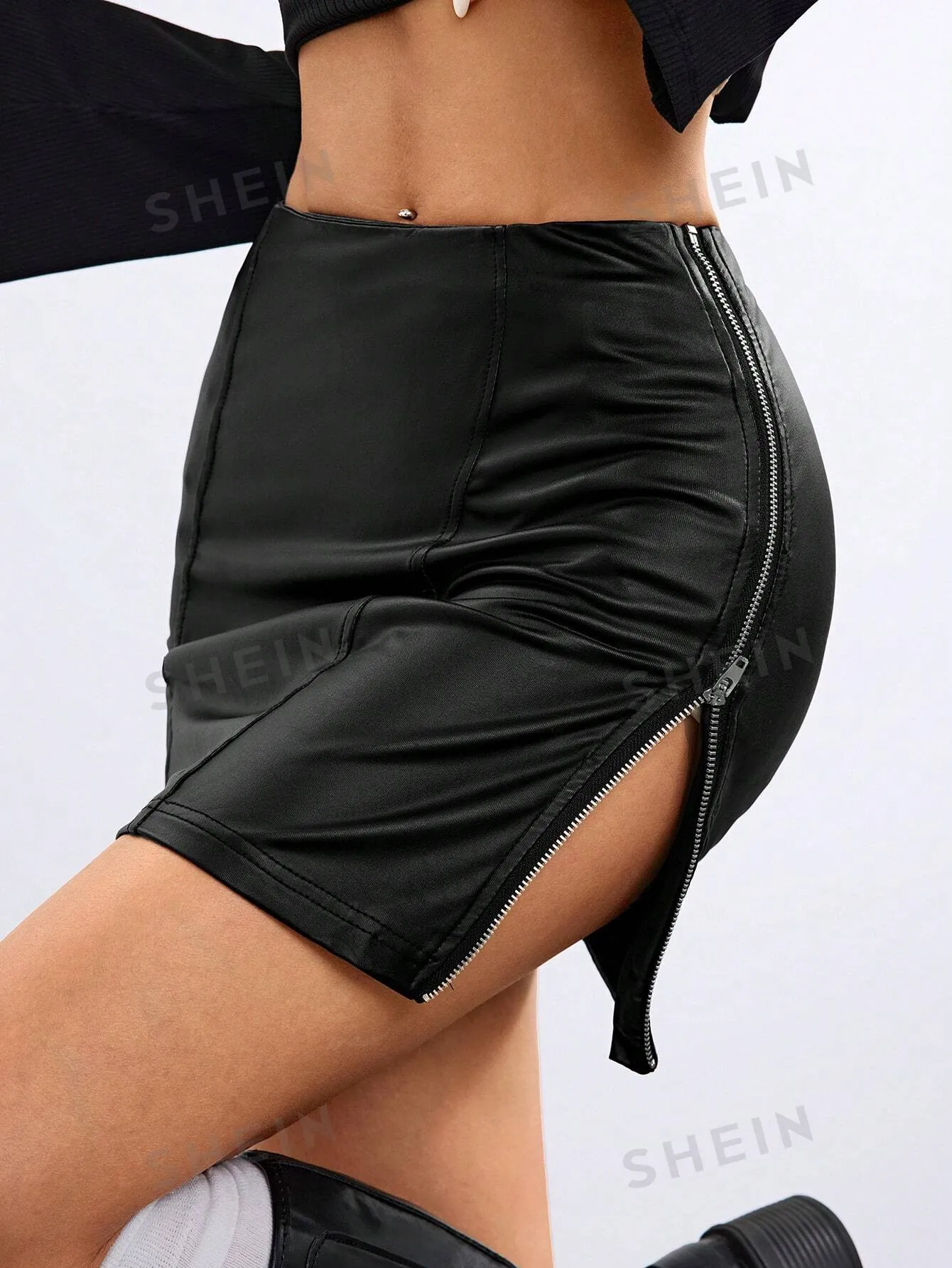 Coolane Women's  Wag Style Rave Leather Stretchy Zip Up High Waisted Short Skirts