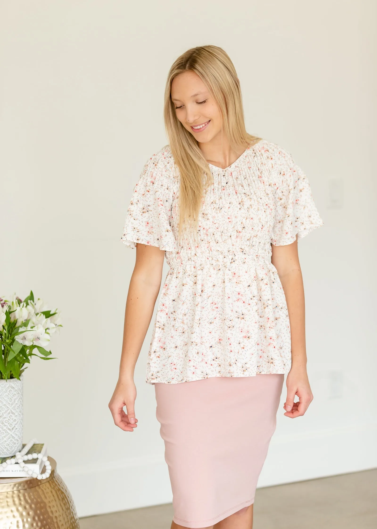 Cream Floral Smocked Top - FINAL SALE