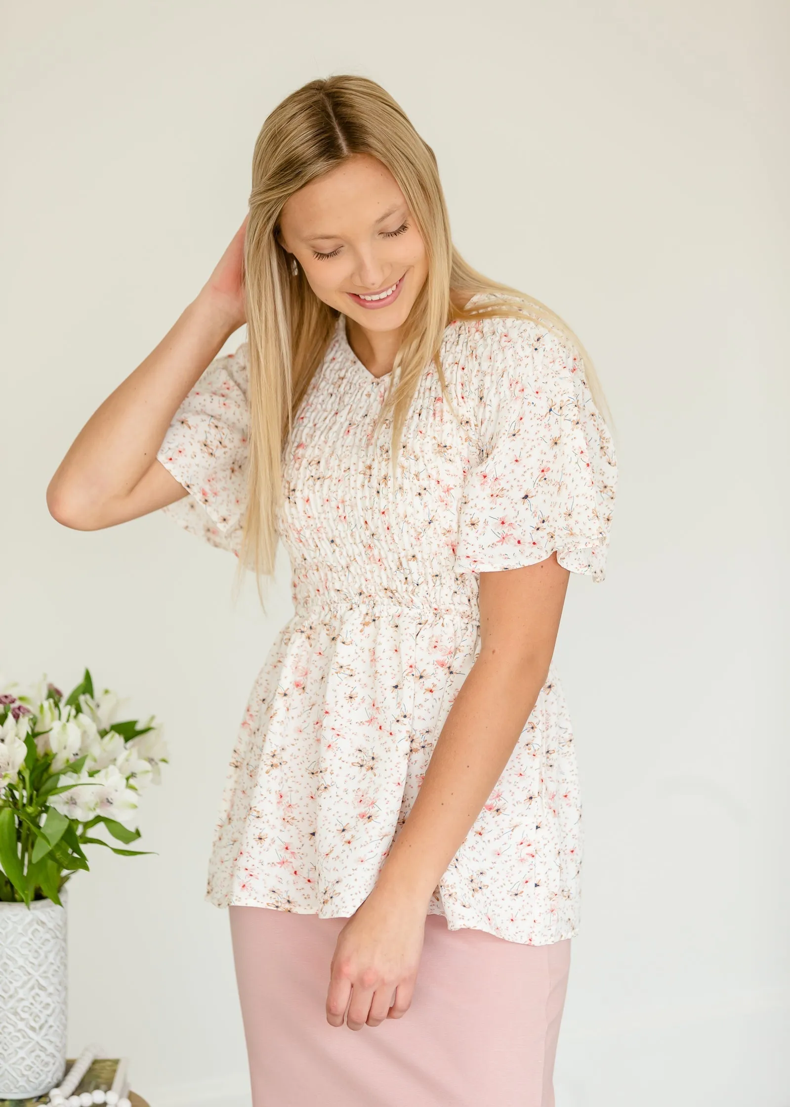 Cream Floral Smocked Top - FINAL SALE