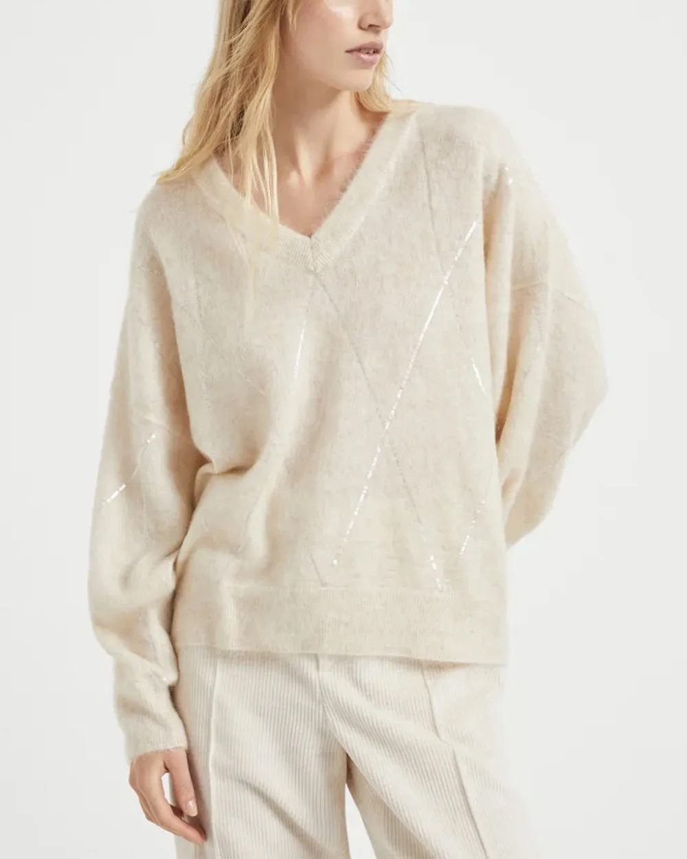 Cream Paillette Argyle Sweater