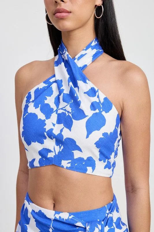 CROPPED FLORAL HALTER NECK TOP
