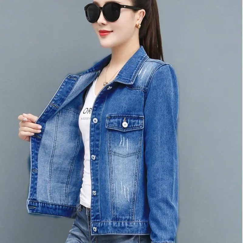 Denim Jackets Cotton Single-breasted Solid Ladies Turn-down Collar Spliced Autumn Outerwear Hole Coat Tops Female