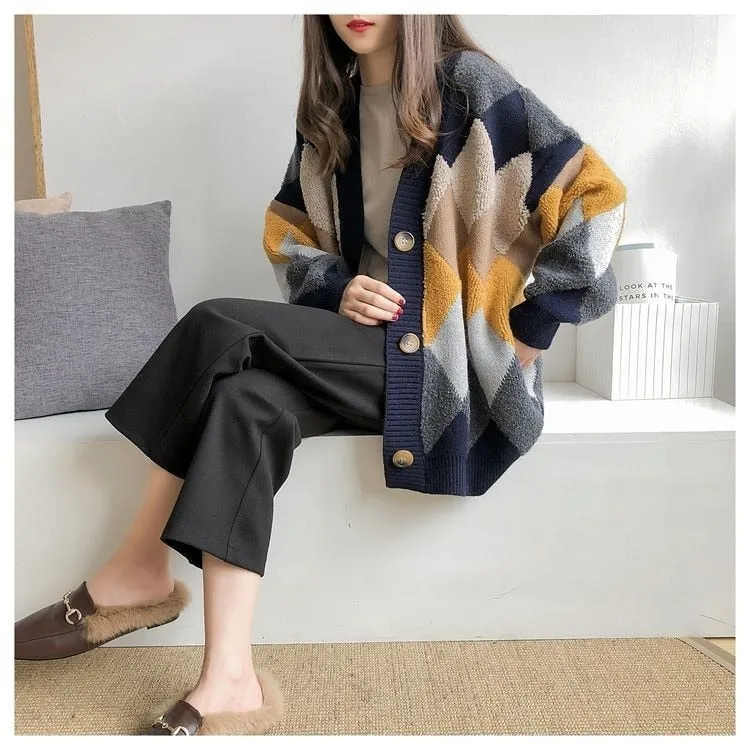 Diamond Plaid Pattern Loose Knitted Cardigan Sweater
