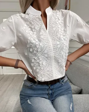 Diana - Women's lace blouse, high neckline, V-neck