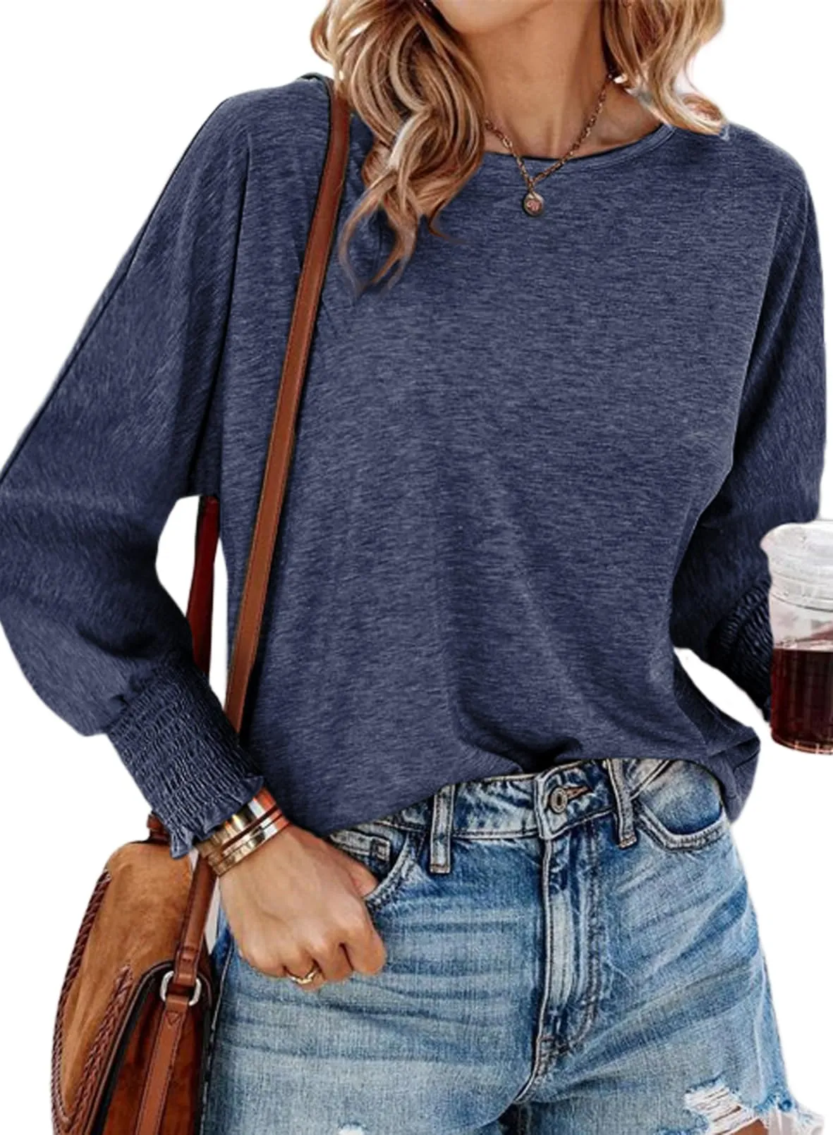 Dokotoo Womens Fashion Women's T-Shirts Womens T Shirts Long Sleeve Crop Tops for Women Trendy Tshirts Shirts for Women Long Sleeve Womens Tops Summer Fall 2024 Tops Women Navy Blue