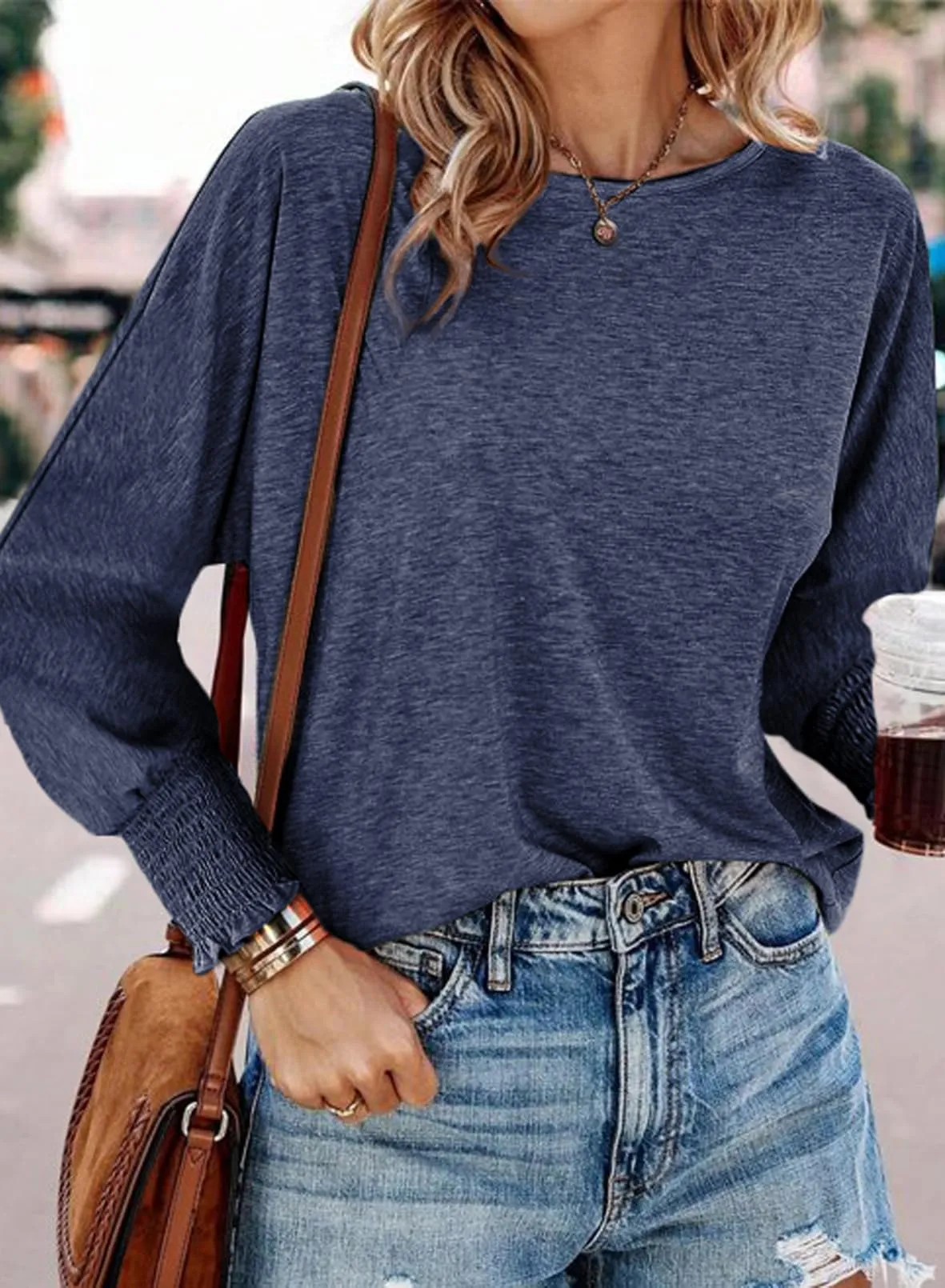 Dokotoo Womens Fashion Women's T-Shirts Womens T Shirts Long Sleeve Crop Tops for Women Trendy Tshirts Shirts for Women Long Sleeve Womens Tops Summer Fall 2024 Tops Women Navy Blue