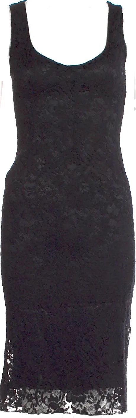 Dolce & Gabbana Italy. Black Scoop Neck Lace Accent Hem Midi Length Dress
