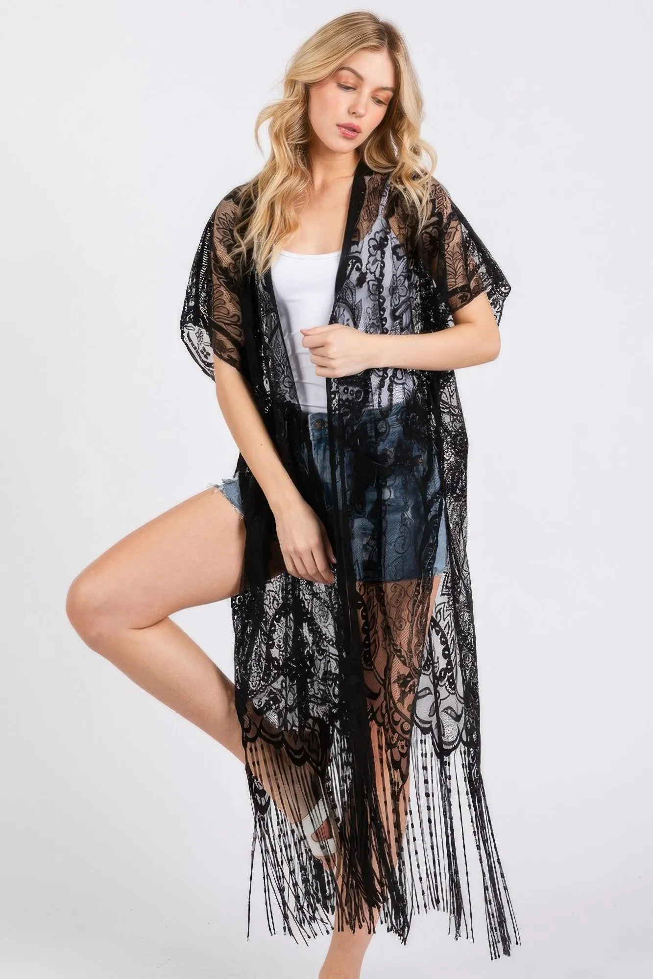 Elegant Lace Fringe Cover Up Kimono