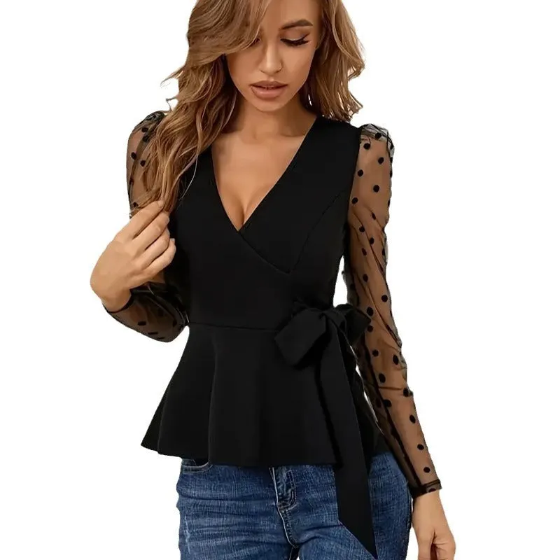 Elegant Mesh Patchwork Long-Sleeve V-Neck Peplum Blouse