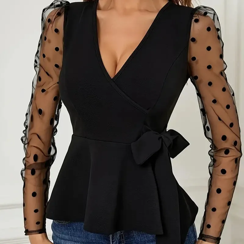Elegant Mesh Patchwork Long-Sleeve V-Neck Peplum Blouse