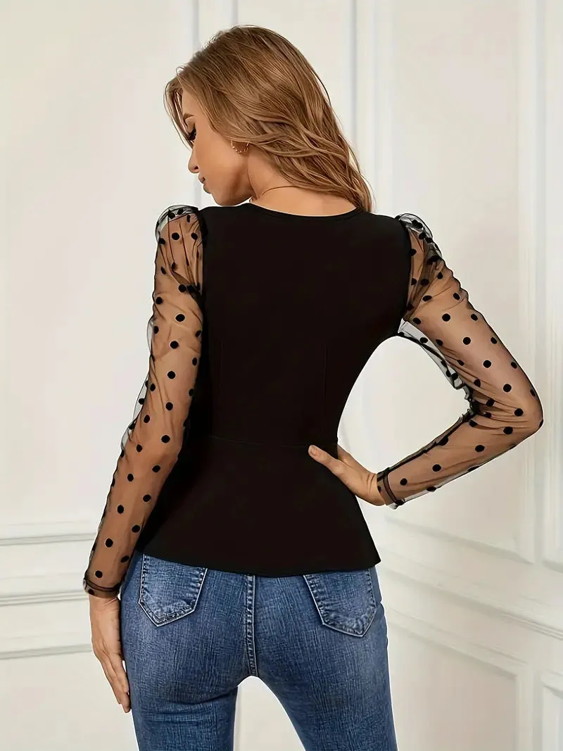 Elegant Mesh Patchwork Long-Sleeve V-Neck Peplum Blouse