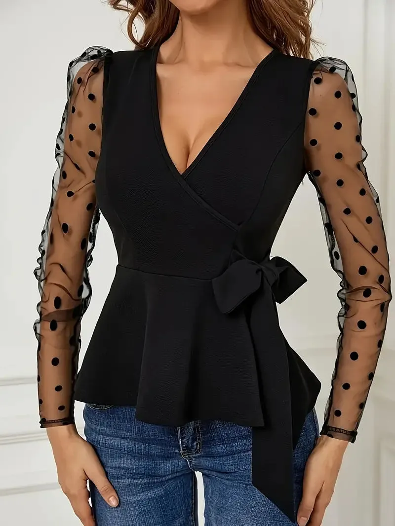 Elegant Mesh Patchwork Long-Sleeve V-Neck Peplum Blouse
